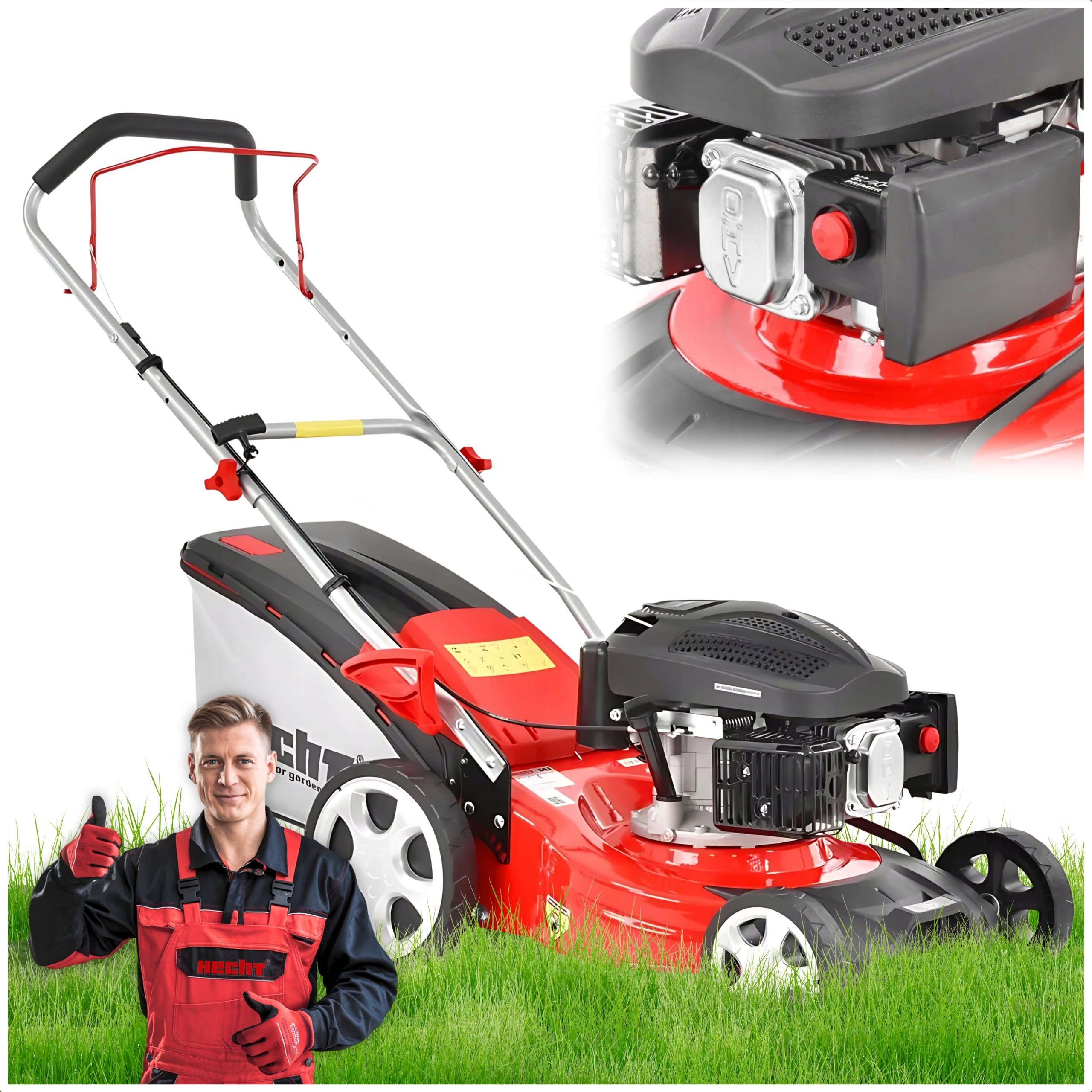 Benzínová kosačka na trávu Hecht 543 2,4 HP, objem 98 cm³, s 45 l zberným košom na trávu, šírka 43 cm